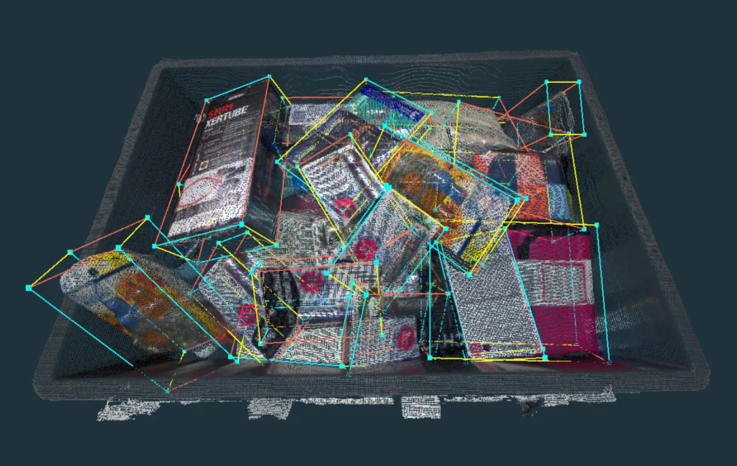 Super market items in a cluttered check out basket detected with 3D bounding boxes. 