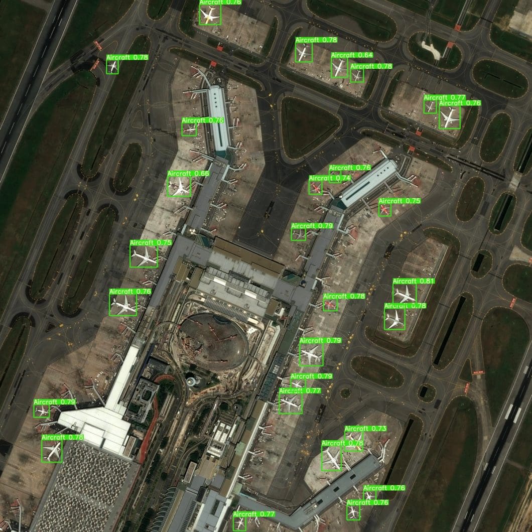 A satellite image of aircrafts on the ground being detected with an application built on Viso Suite. 
