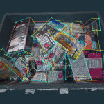 Super market items in a cluttered check out basket detected with 3D bounding boxes.