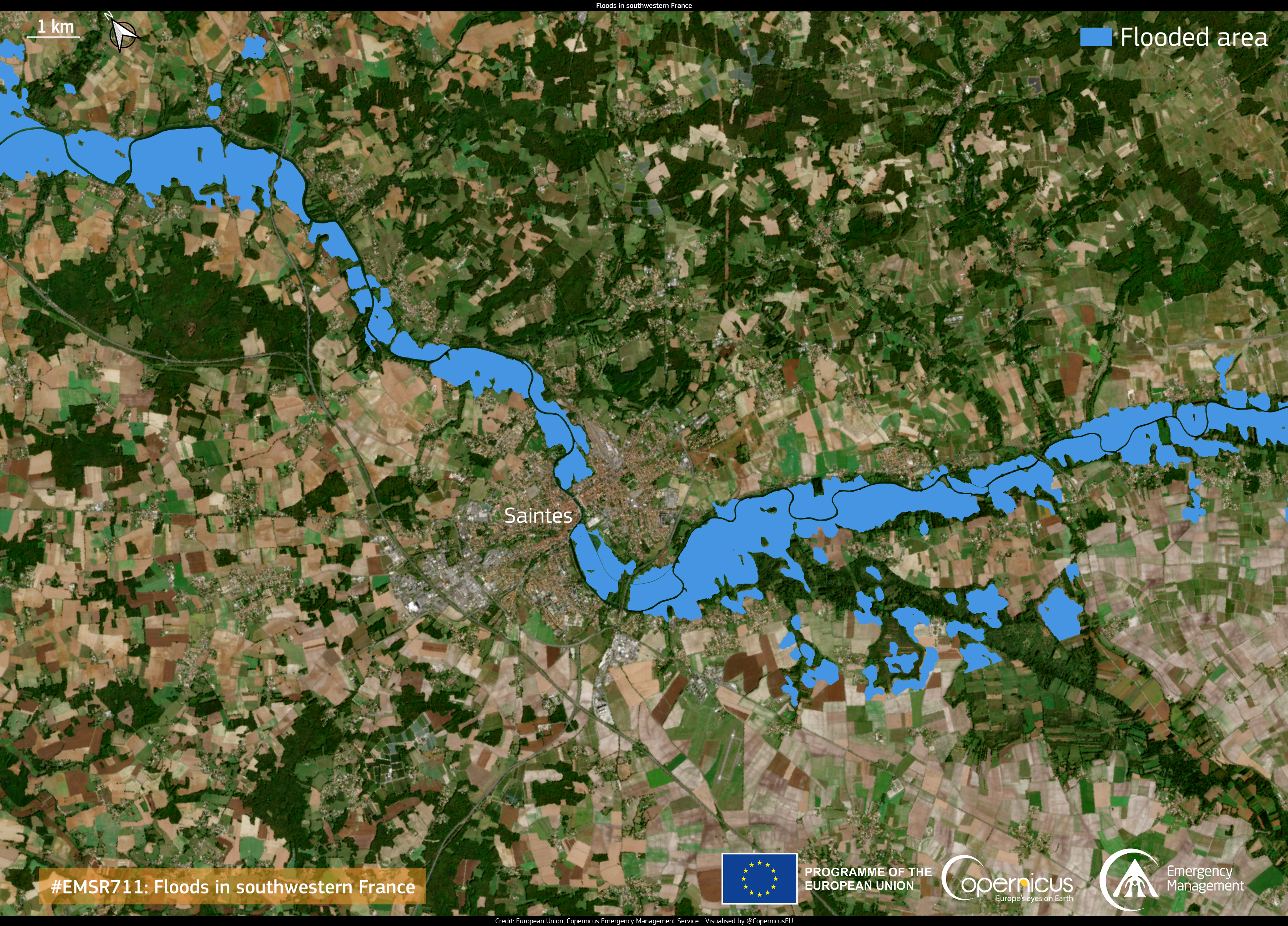 The Copernicus program showing flooded areas with semantic segmentation over a top-down view of the landscape.