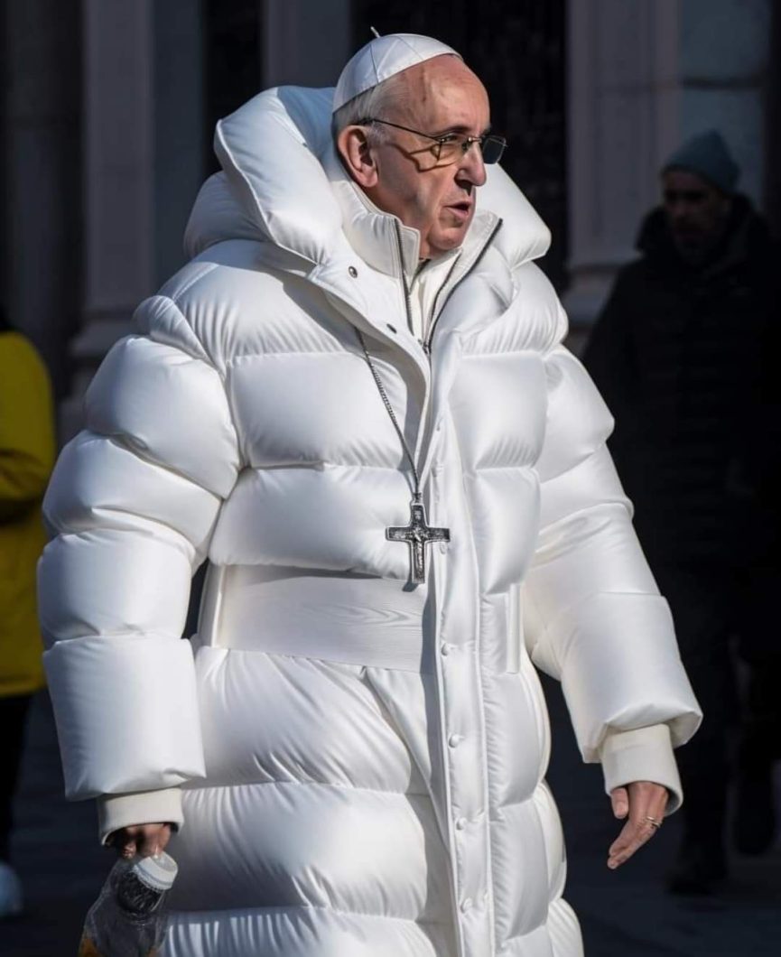 Image of a photorealistic image created with Midjourney AI, depcting the Pope dressed in a large puffer jacket.