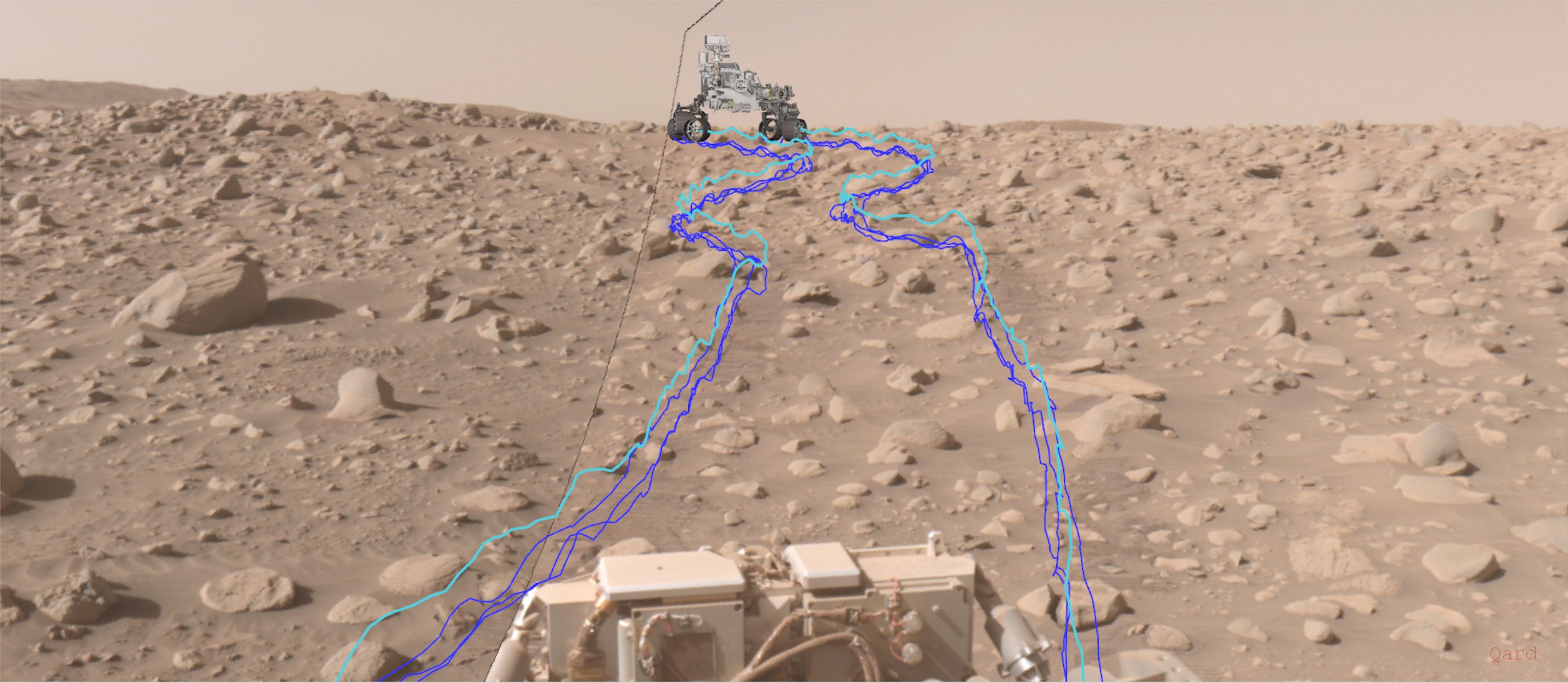 Demonstration of the AutoNav system on NASA's Mars Perseverance Rover as it helps map a safe route over Martian terrain.