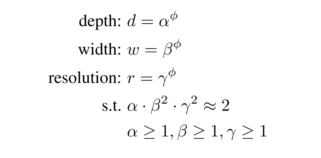 Compound scaling expression involving depth, width and resolution.