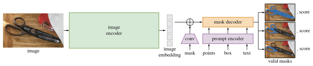 Diagram illustrating the workflow of an image segmentation model where an input image is processed through an image encoder to generate embeddings, which are then passed through a convolutional layer and combined with inputs from a prompt encoder that takes points, boxes, or text. The combined information is fed into a mask decoder, producing several valid masks with associated scores over the original image.
