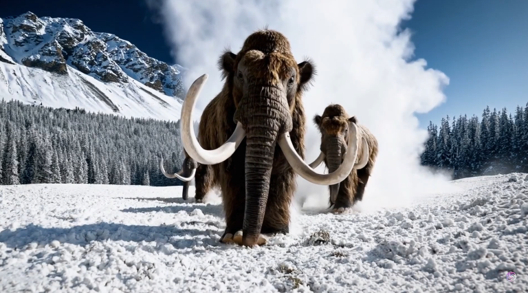 mamoth walking on snow