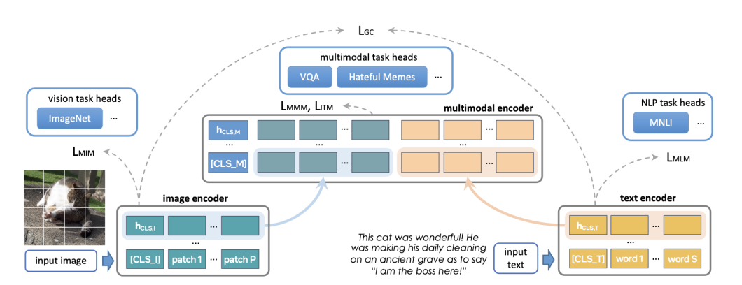 Diagram of the FLAVA framework showing the processing of an input image and text through separate encoders and their convergence in a multimodal encoder, which feeds into task-specific heads for different AI applications.