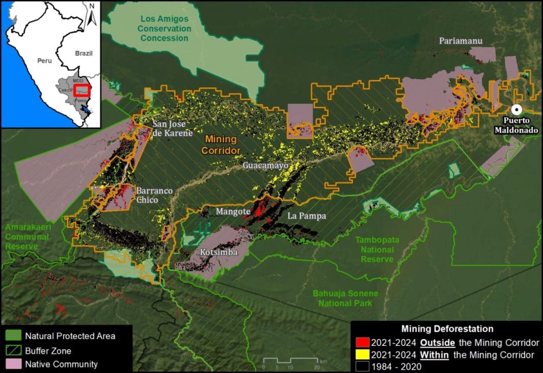 Satellite imagery using computer vision technology to illustrate the impact of mining deforestation in the Southern Amazon. The map shows the presence of mining operations both in and outside the established mining corridor.