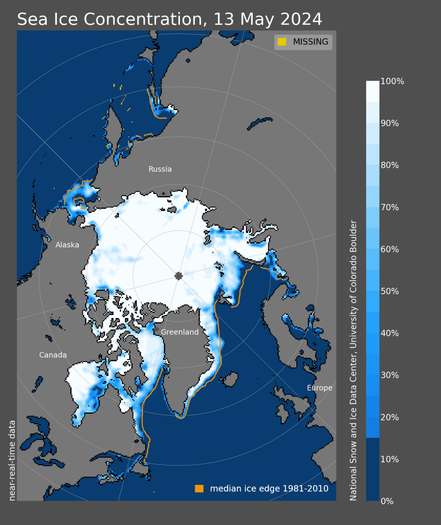Top-down satellite image illustrating the concentration of sea ice in white with ocean and land coverage in blue and grey, respectively.