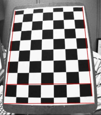 The calibration pattern used by the OpenCV platform. It shows a checkered board with black and white squares. There is a slight radial distortion which is indicated with red lines traced over the pattern.