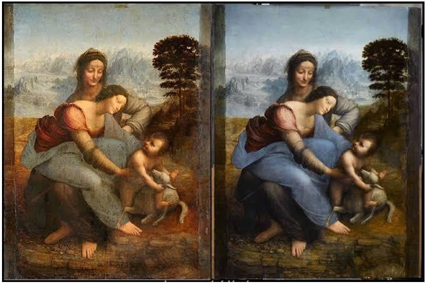 Two side by side images of the same artwork. The one to the left shows the painting as it looks today due to aging and wear. The one on the right shows a digitally enhanced version of the image with brighter colors and greater detail.