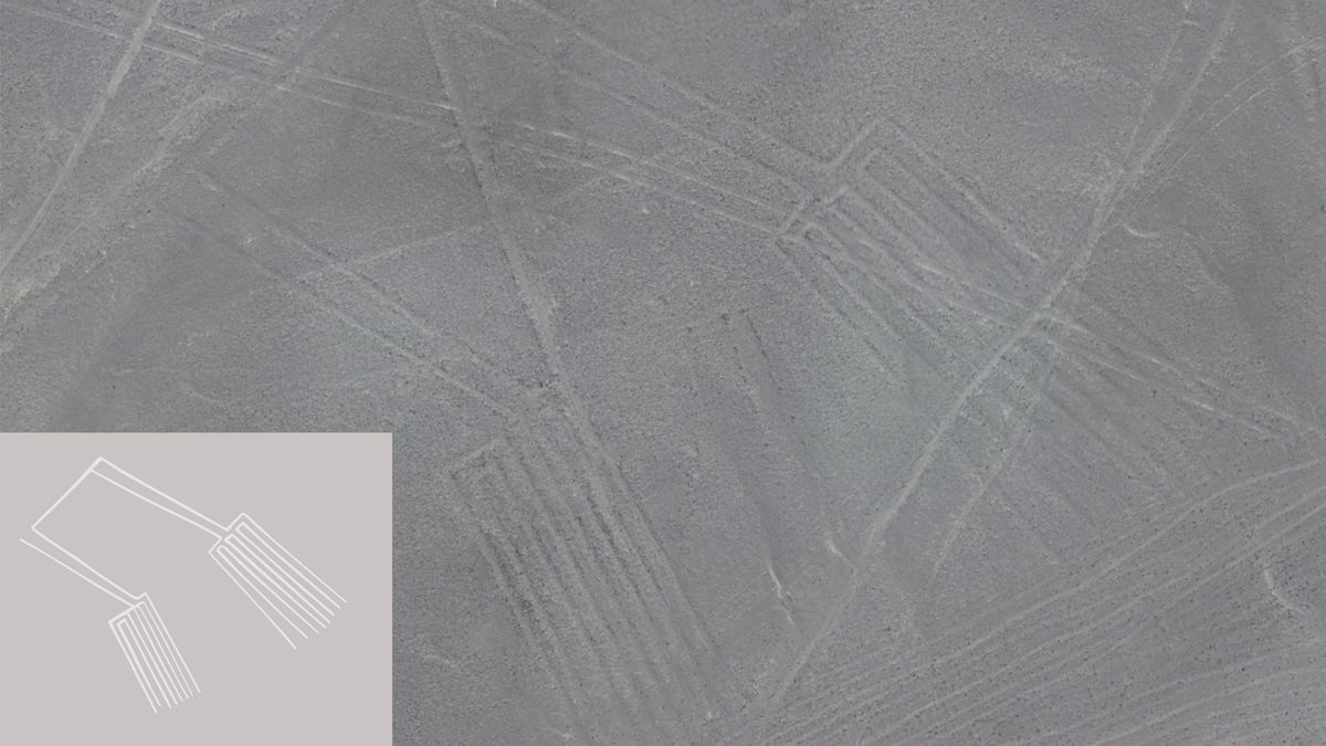 An image of a grayscale aerial photograph of newly discovered Nazca Lines in Peru. The geoglyphs resemble a pair of legs and measure 250 feet or 77 meters across. In the bottom left corner, their is an image of the generated pattern identified by the AI system.