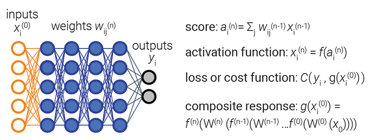 A dense, fully connected multilayer neural network transforms inputs into outputs through a learned model for image processing.