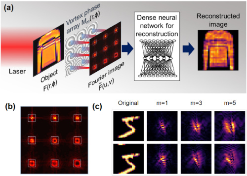 A laser illuminates the object, and phase-modulated light is processed via a multi-vortex lens array and neural network to reconstruct the image, with vortex Fourier patterns showing increased sensitivity to shifts and area changes as topological charges increase.