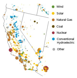 Locations of Electricity Producers in California including renewables