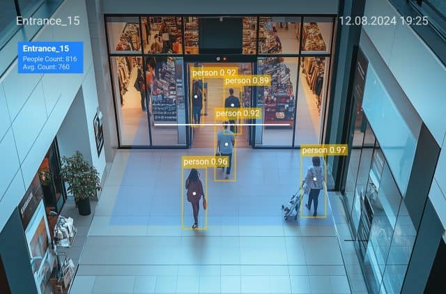 People counting at store entrance using AI surveillance, real-time analytics, and customer flow monitoring.