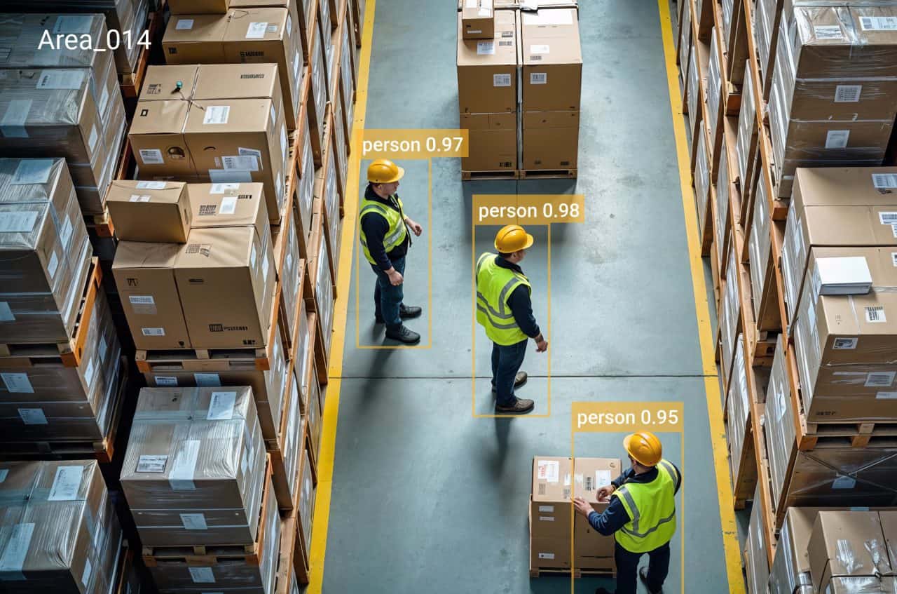 Box inventory warehouse with workers and AI-based person detection, safety gear, and storage racks.