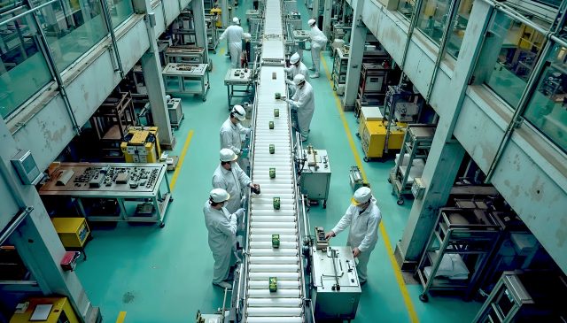 High-tech assembly line with workers in protective gear manufacturing electronic devices.