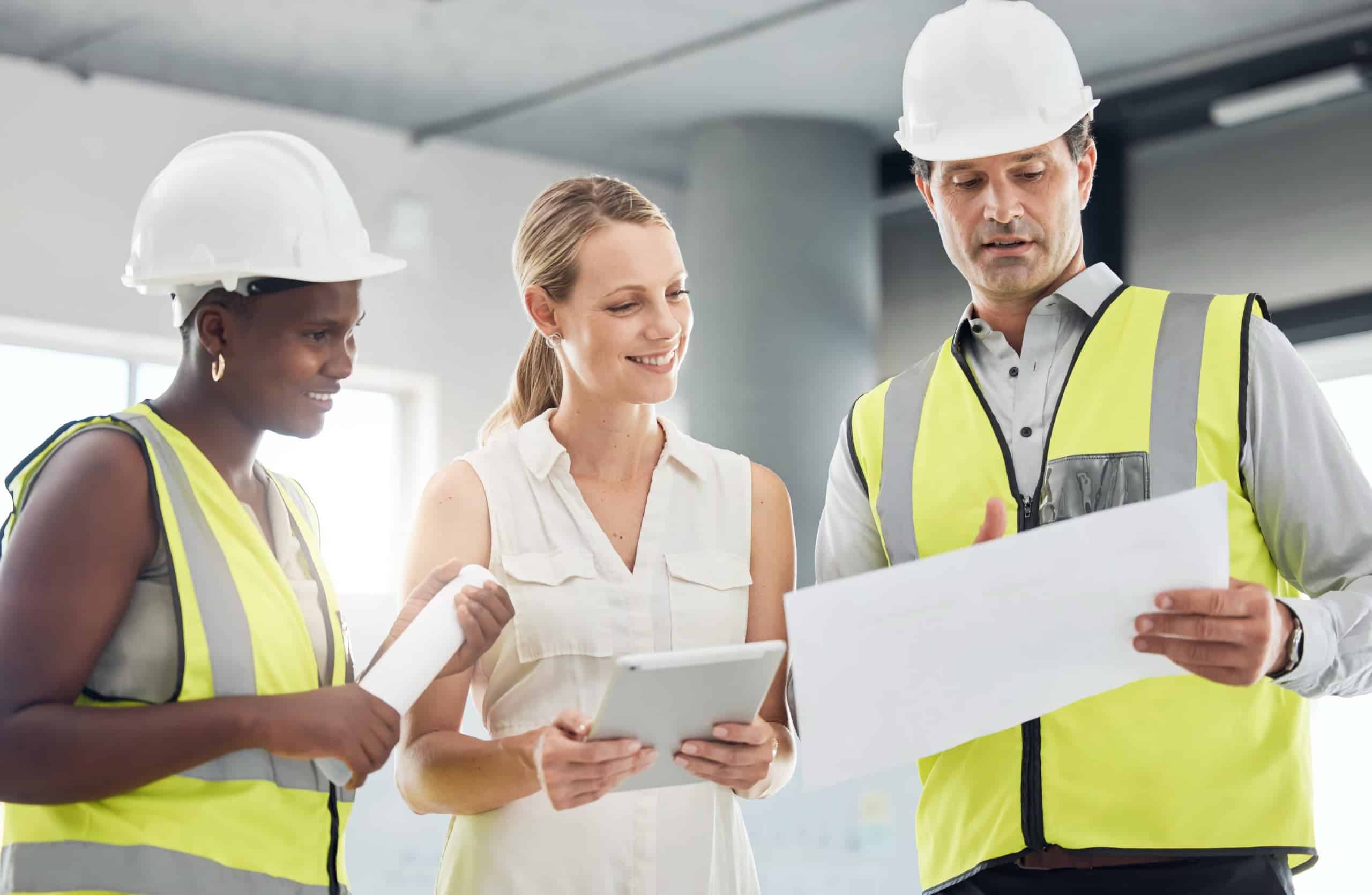 Construction workers reviewing blueprint and project details.