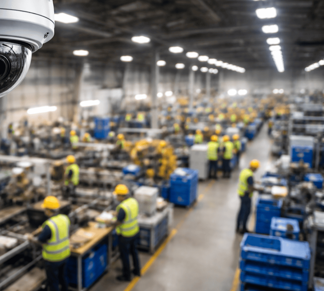 Workers in safety vests and hard hats working in an industrial warehouse with automated surveillance cameras.